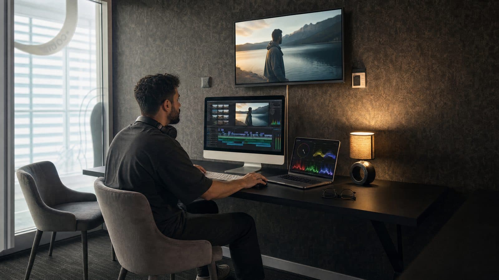 Editor reviewing a cut on the grading desk
