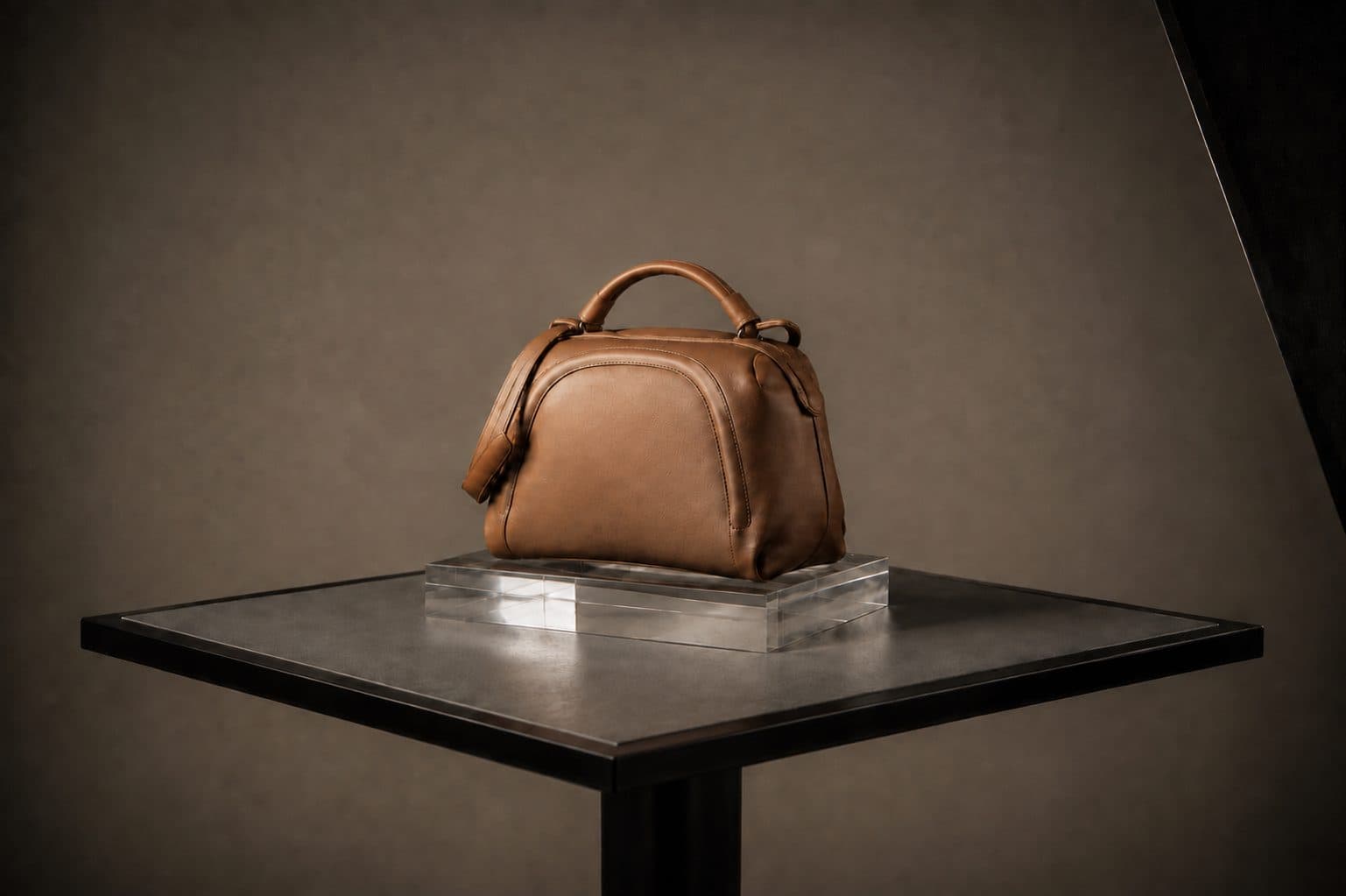 Studio product photography — leather handbag lit on a tabletop set