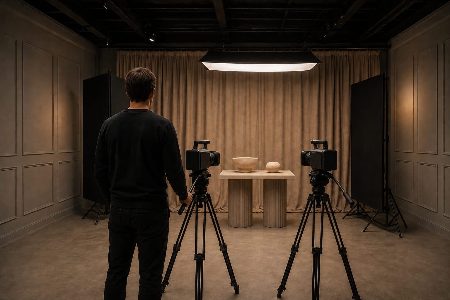 Two-camera video shoot on a dressed studio set