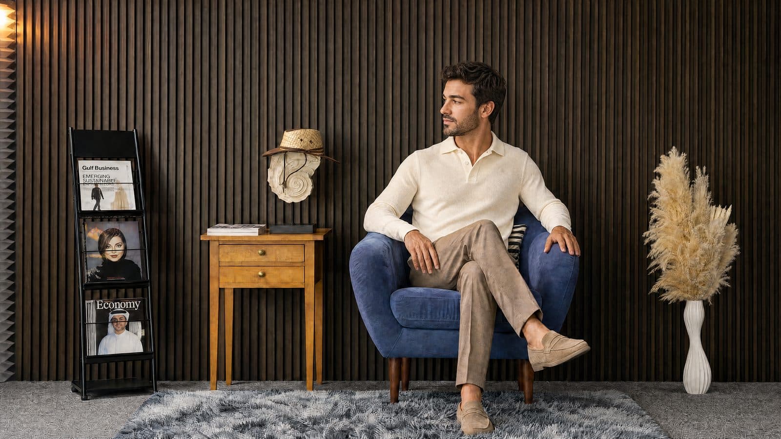 The Lifestyle Lounge — armchair against a wood-slat wall
